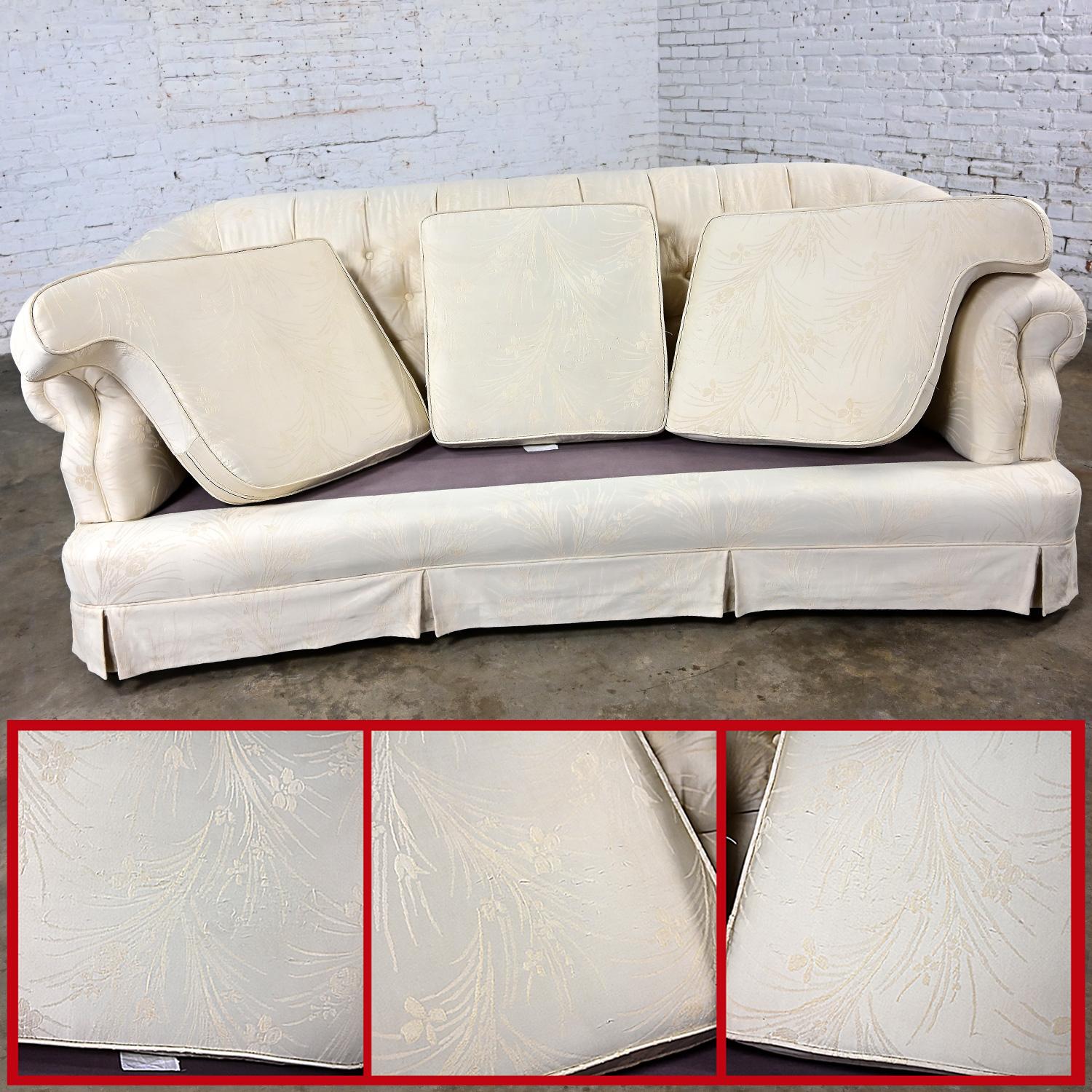 Vintage Hollywood Regency Curved Sofa Button Back Off-White Damask Fabric For Sale 13