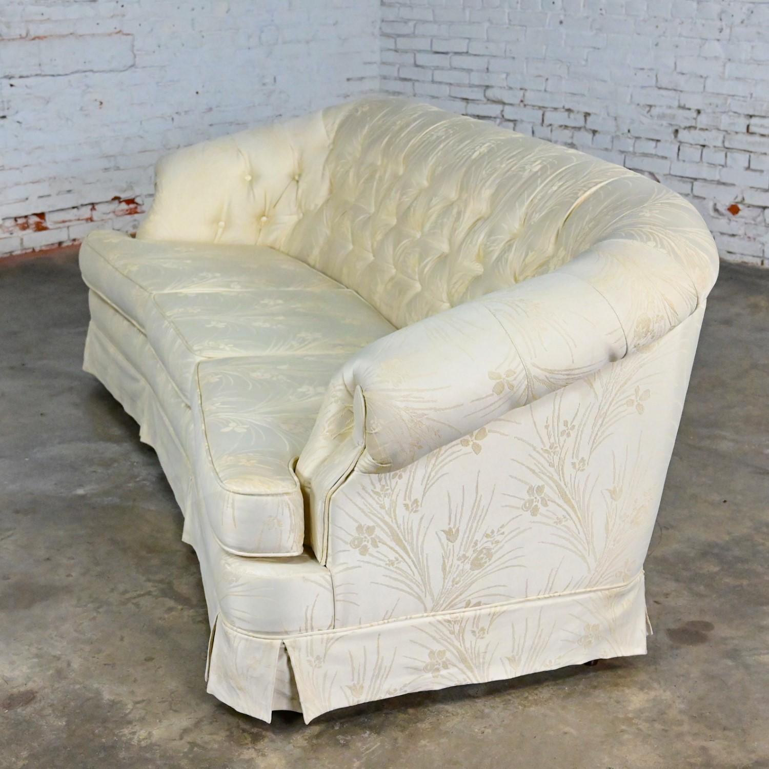 Vintage Hollywood Regency Curved Sofa Button Back Off-White Damask Fabric For Sale 1