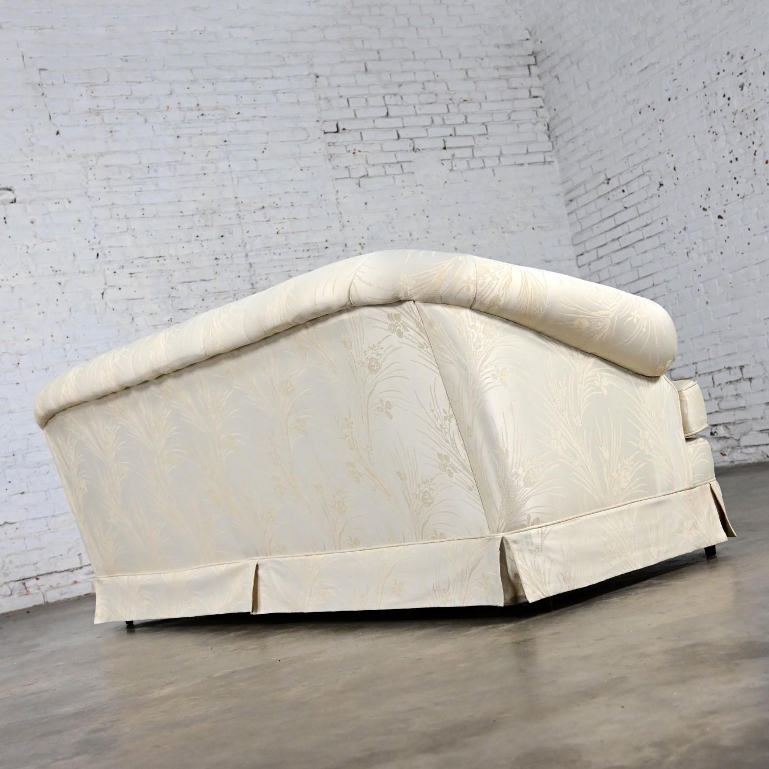 Vintage Hollywood Regency Curved Sofa Button Back Off-White Damask Fabric For Sale 4