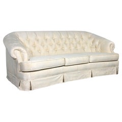 Vintage Hollywood Regency Curved Sofa Button Back Off-White Damask Fabric