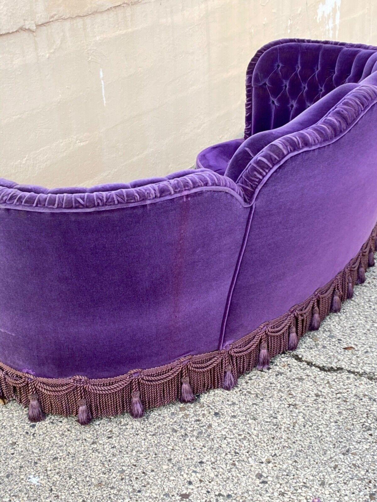 Vintage Hollywood Regency Custom Purple Mohair Serpentine Tassel Skirted Sofa 4