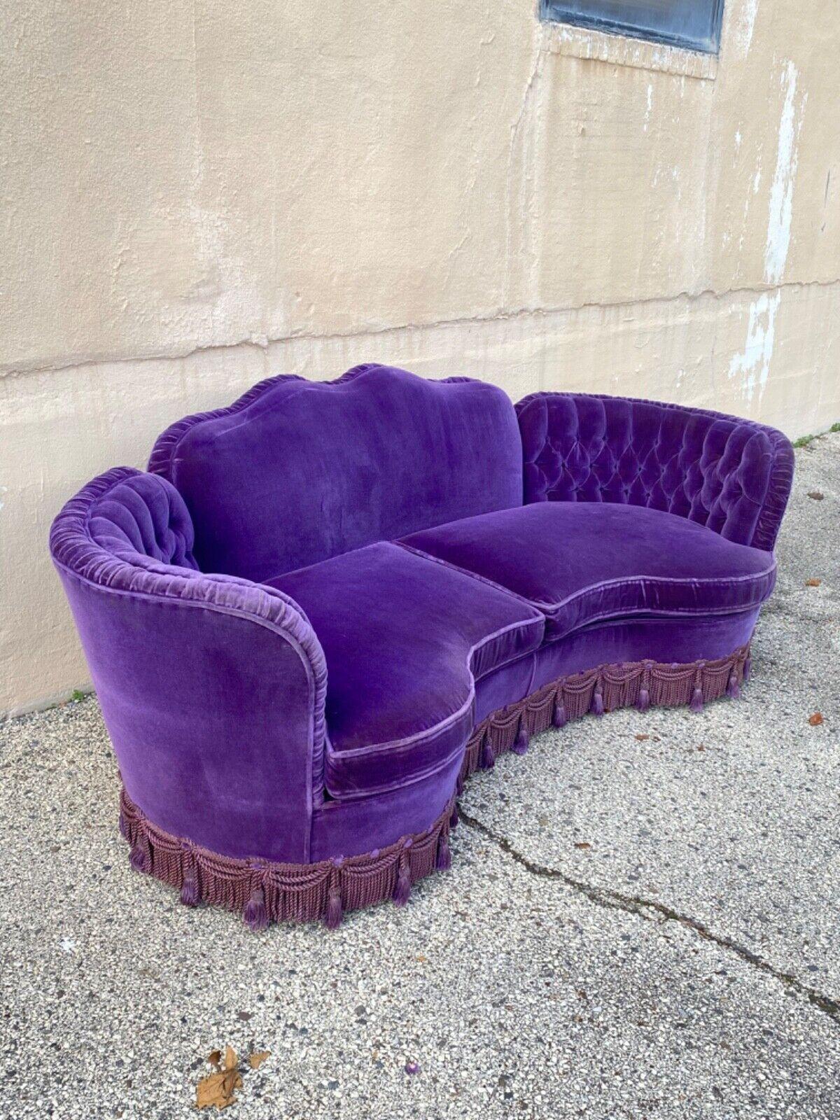 Vintage Hollywood Regency Custom Purple Mohair Serpentine Tassel Skirted Sofa 5