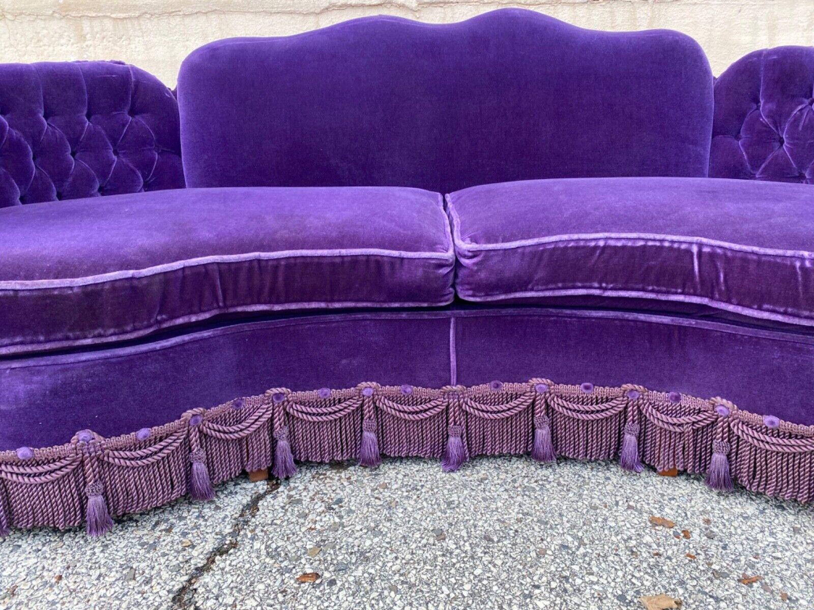 Unknown Vintage Hollywood Regency Custom Purple Mohair Serpentine Tassel Skirted Sofa