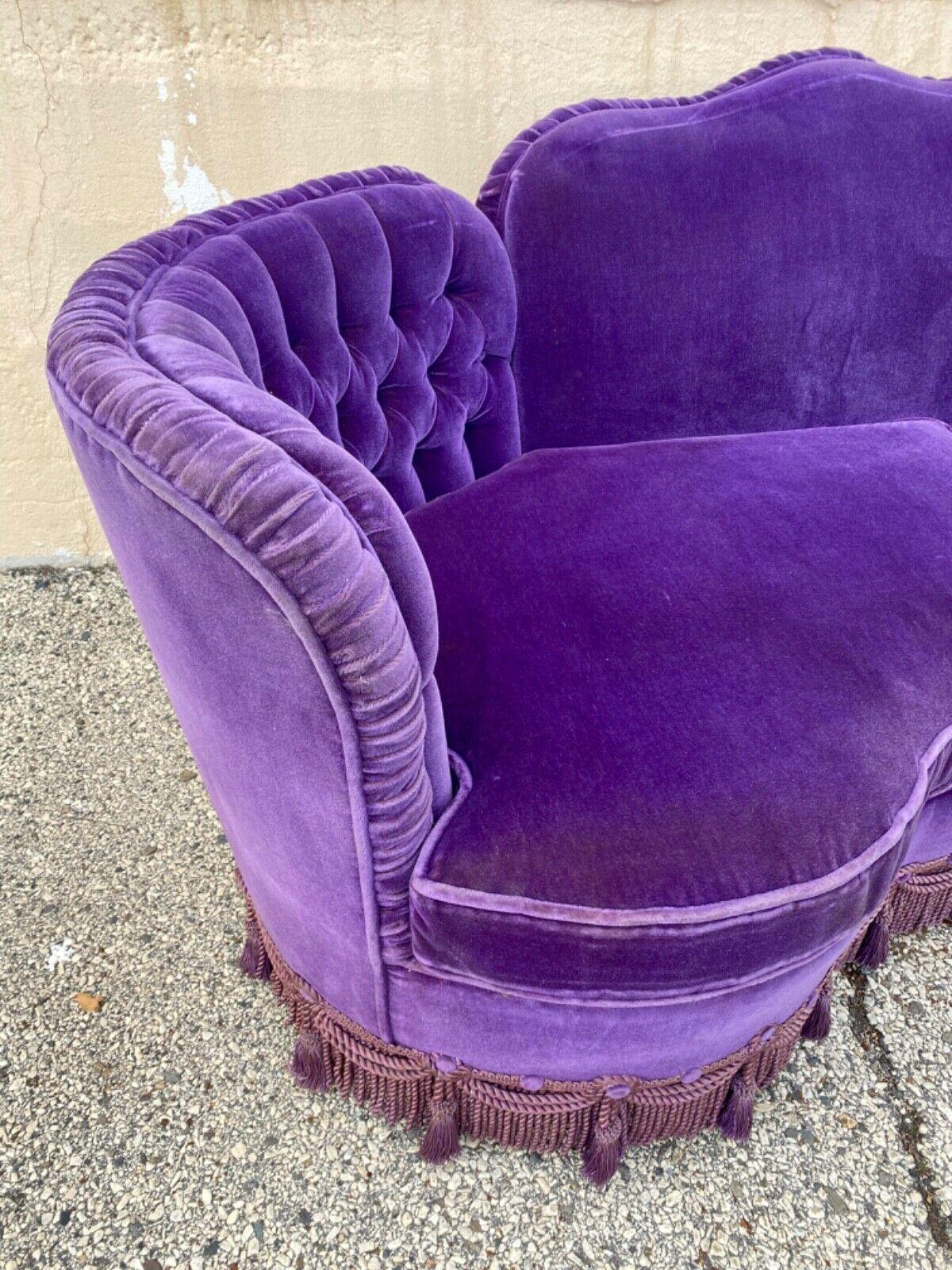 Vintage Hollywood Regency Custom Purple Mohair Serpentine Tassel Skirted Sofa In Good Condition In Philadelphia, PA