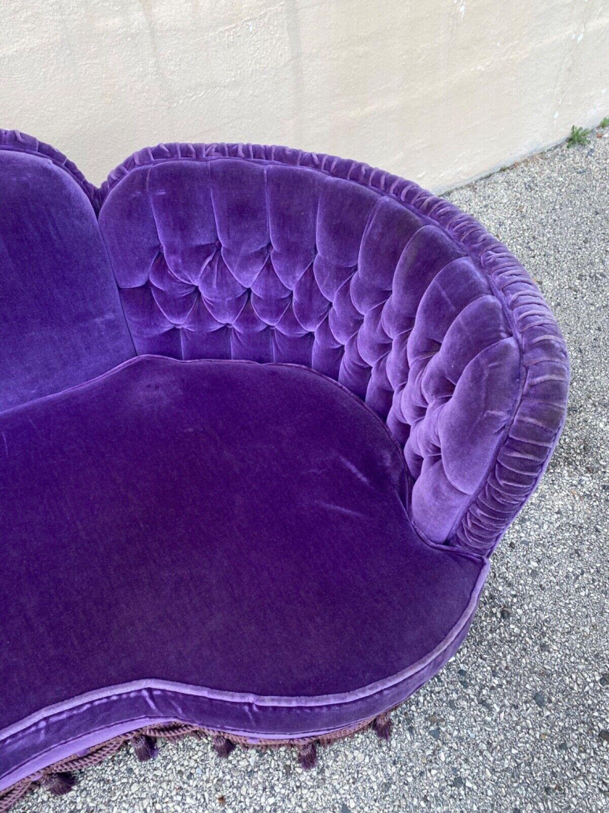 Vintage Hollywood Regency Custom Purple Mohair Serpentine Tassel Skirted Sofa 1