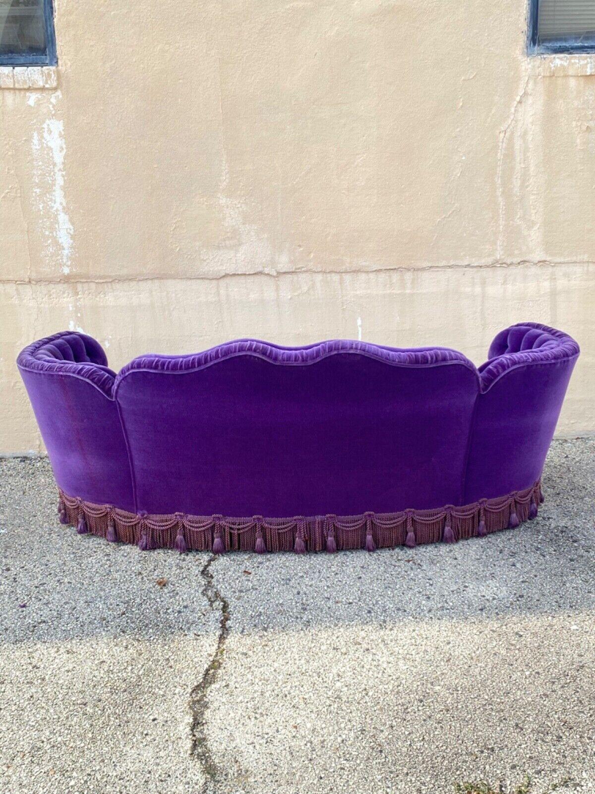 Vintage Hollywood Regency Custom Purple Mohair Serpentine Tassel Skirted Sofa 3