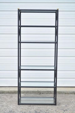 Vintage Hollywood Regency Directoire Iron Brass Glass X-Form Étagère Bookcase