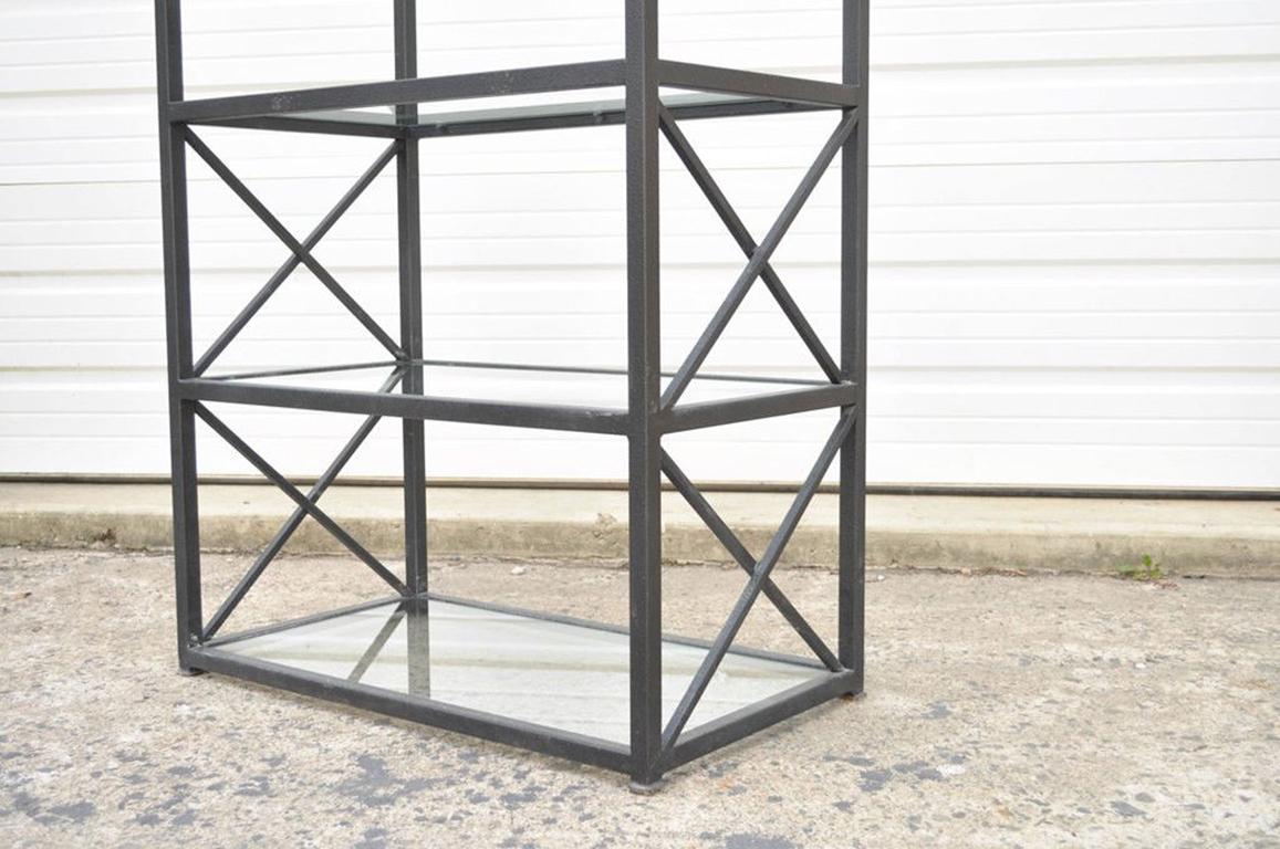 Vintage Hollywood Regency Directoire Iron Brass Glass X-Form Étagère Bookcase 1