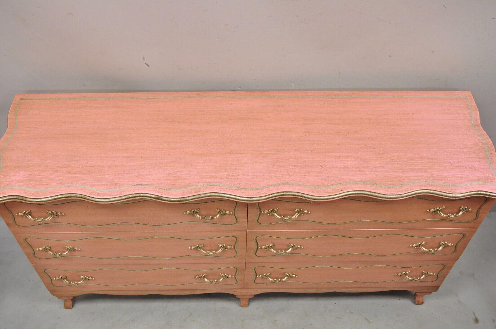 Vintage Hollywood Regency Dorothy Draper Style Bubblegum Pink 6 Drawer Dresser In Good Condition For Sale In Philadelphia, PA