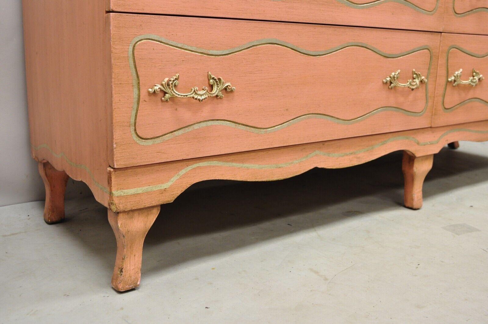 Vintage Hollywood Regency Dorothy Draper Style Bubblegum Pink 6 Drawer Dresser For Sale 1