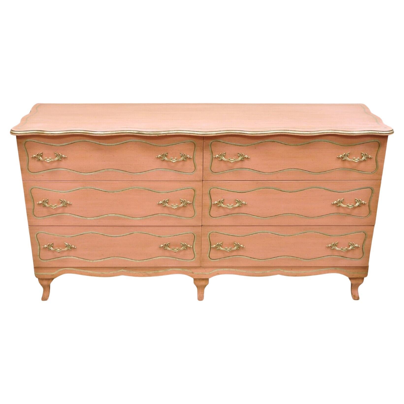 Vintage Hollywood Regency Dorothy Draper Style Bubblegum Pink 6 Drawer Dresser For Sale