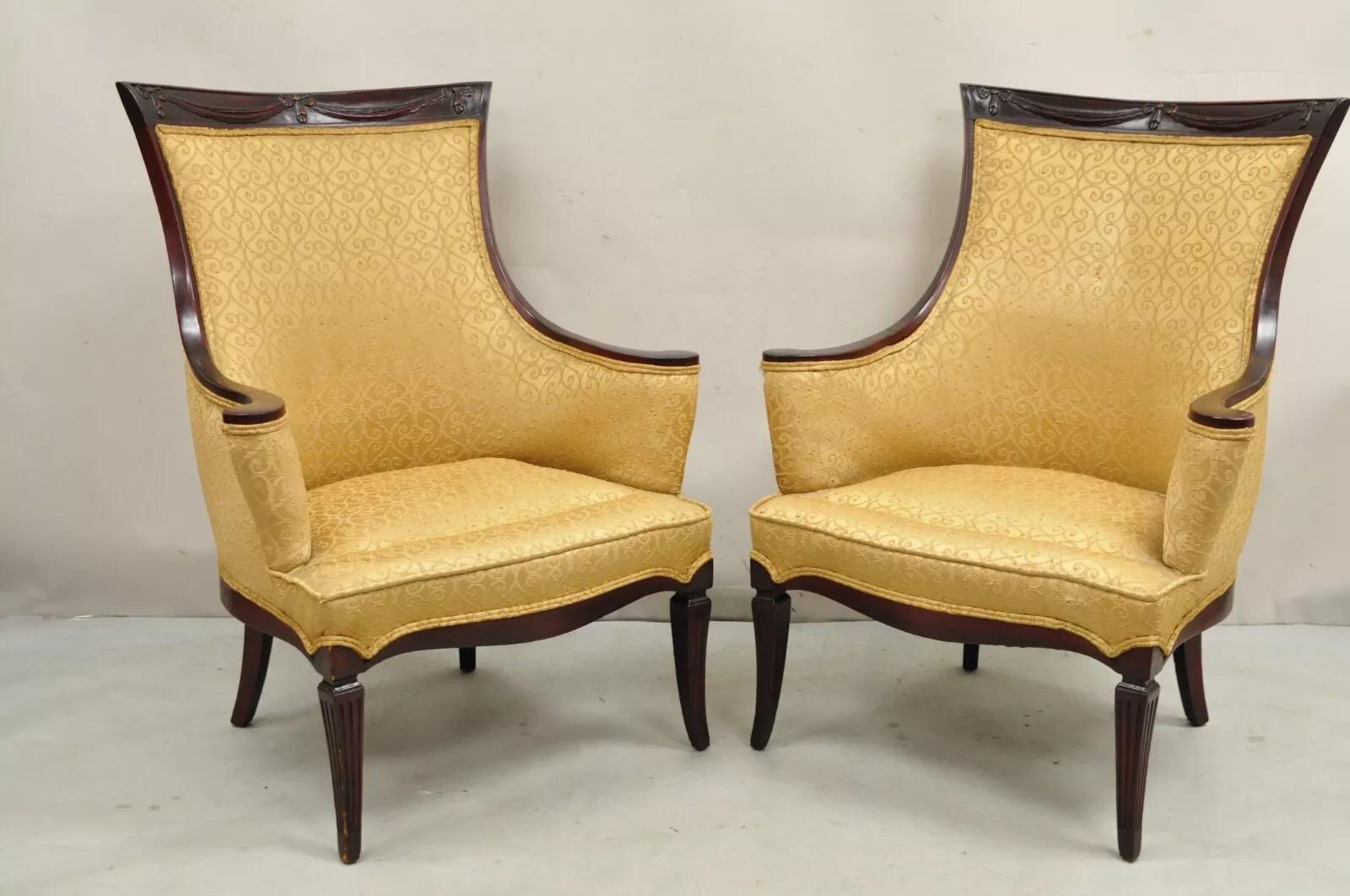 Vintage Hollywood Regency Drape Carved Rolled Arm Mahogany Fireside Lounge Chairs - a Pair. Circa Mid 20th Century. Dimensions : 39,5