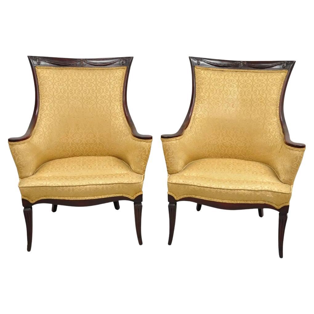 Vintage Hollywood Regency Drape Carved Mahogany Fireside Lounge Chairs - a Pair