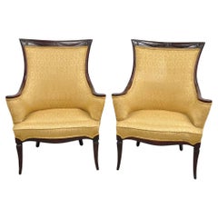Vintage Hollywood Regency Drape Carved Mahogany Fireside Lounge Chairs - a Pair
