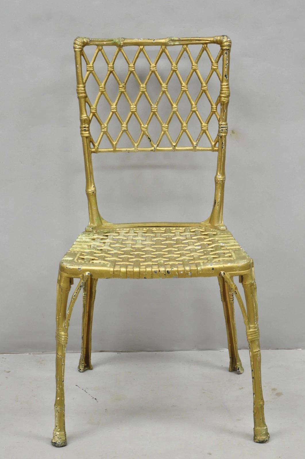 Please message us with your zip code to request a more reasonable domestic U.S. shipping quote.

Vintage Hollywood Regency Faux Bamboo Basketweave Woven Lattice Cast Aluminum Side Chair, Made in Spain. Circa Late 20th Century. Measurements: 36.5