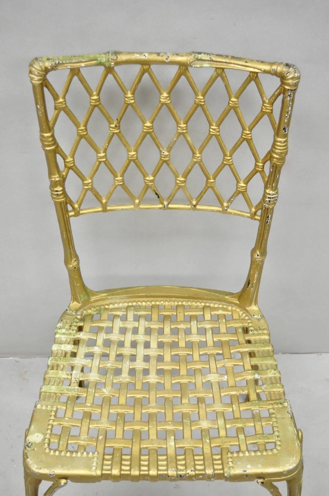 Cast Vintage Hollywood Regency Faux Bamboo Basketweave Lattice Aluminum Side Chair For Sale