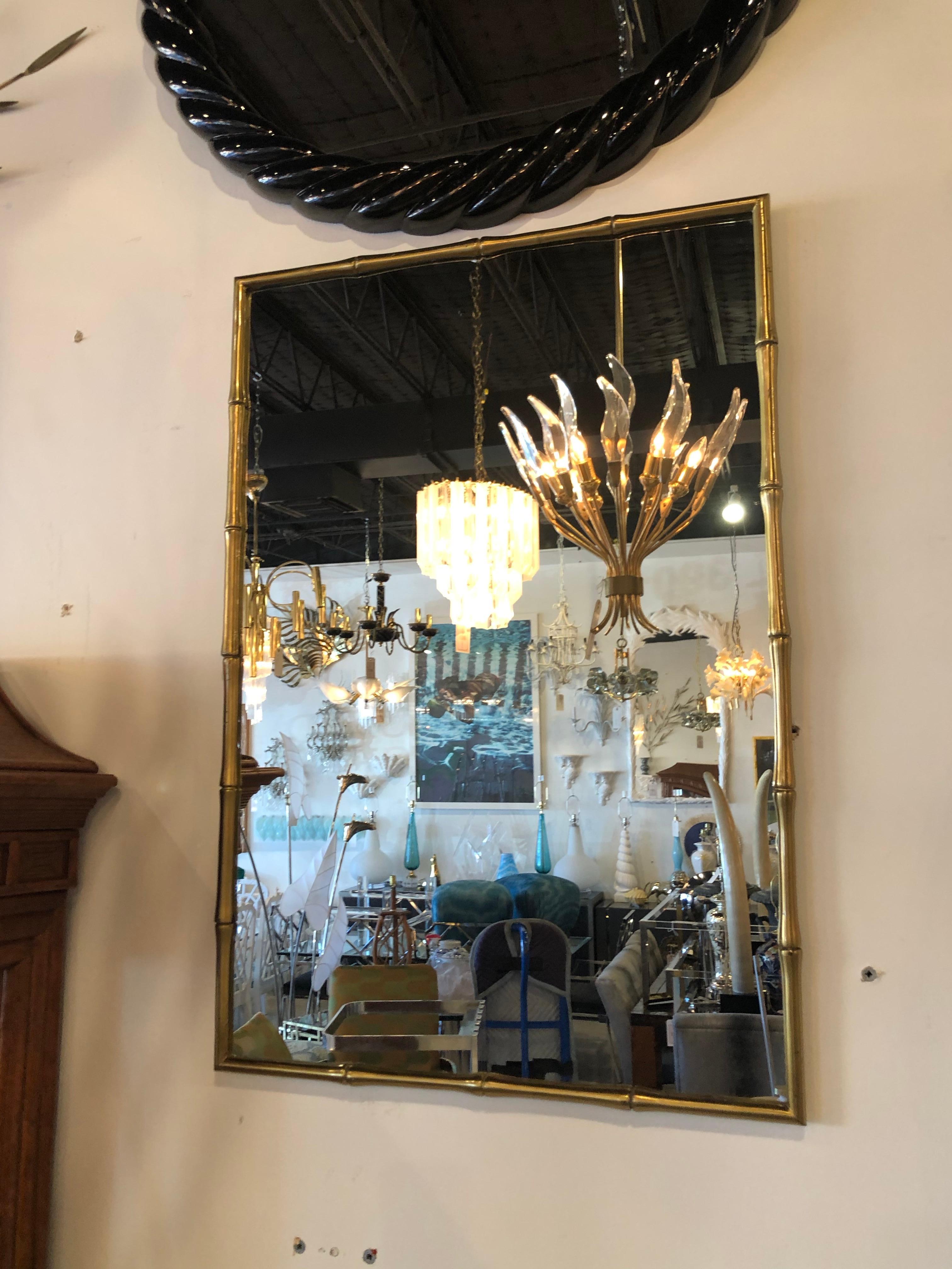 Vintage Mid Century Modern Italian Faux Bamboo Solid Brass Wall Mirror 3