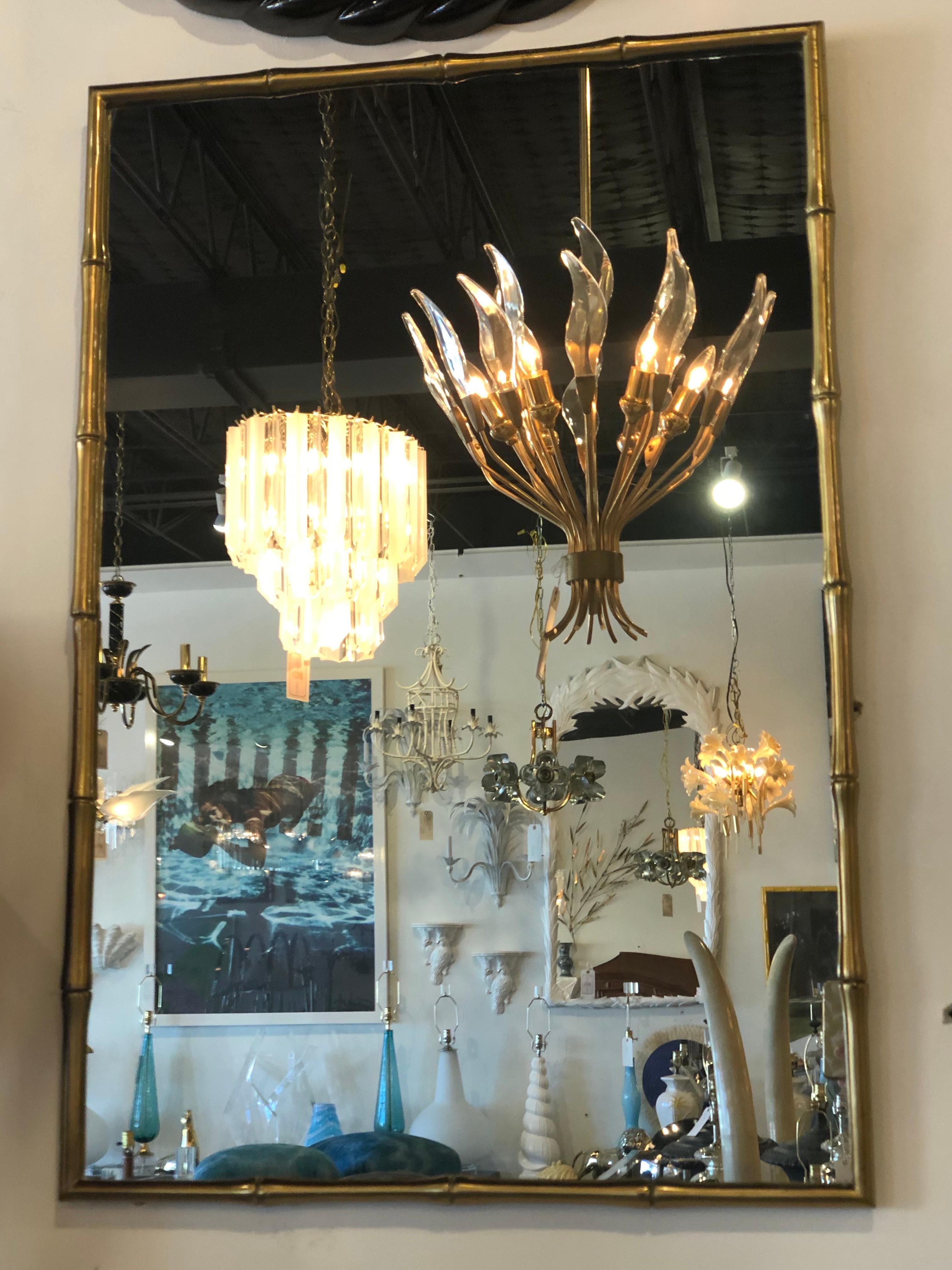 Vintage Mid Century Modern Italian Faux Bamboo Solid Brass Wall Mirror In Good Condition In West Palm Beach, FL