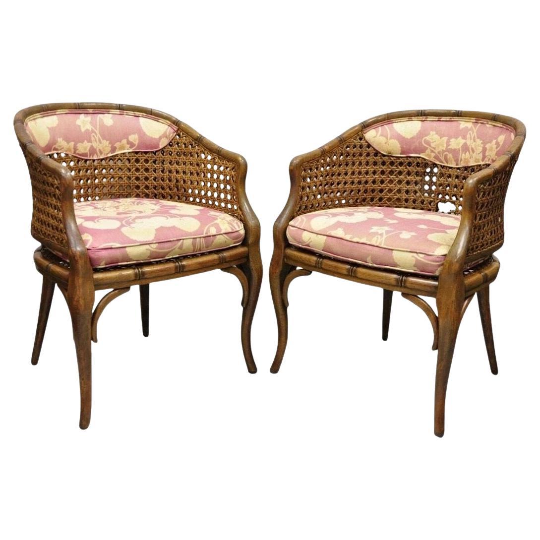 Vintage Hollywood Regency Faux Bamboo Cane Barrel Back Lounge Chairs (A) - Pair For Sale