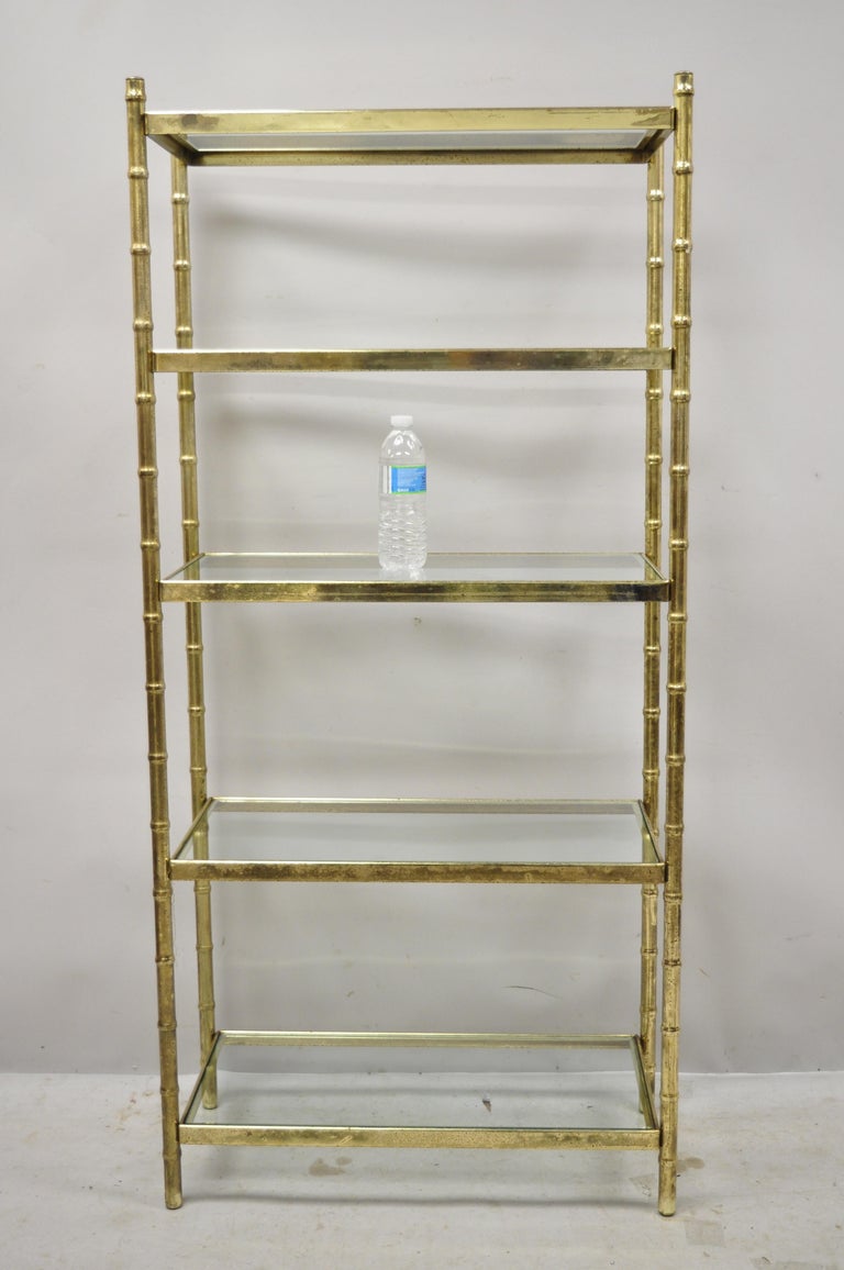 Vintage Hollywood Regency Faux Bamboo Gold Metal Étagère Bookshelf