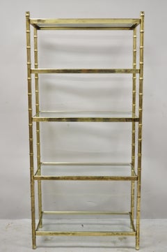 Vintage Hollywood Regency Faux Bamboo Gold Metal Étagère Bookshelf Shelf Stand