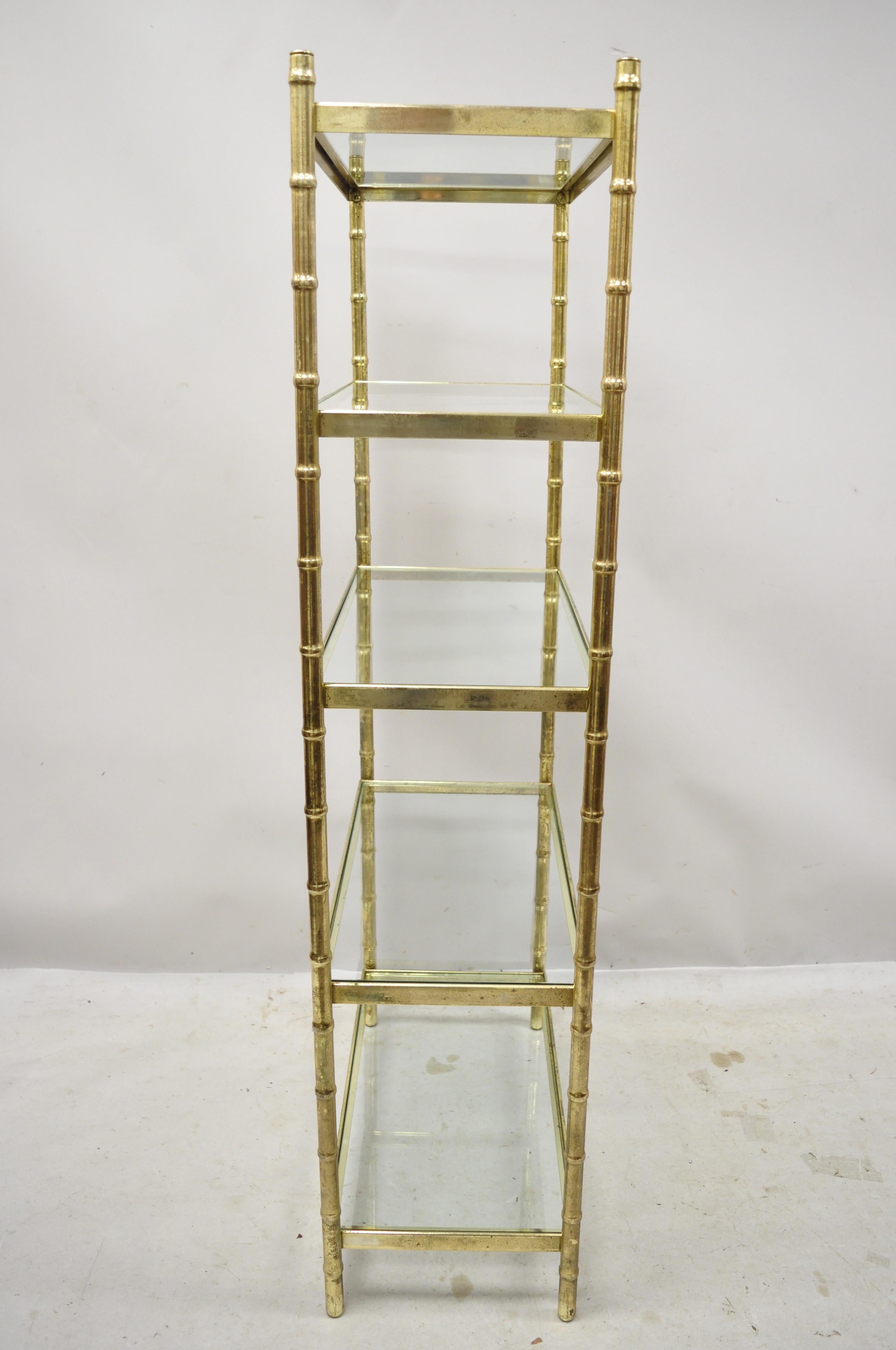 Vintage Hollywood Regency Faux Bamboo Gold Metal Étagère Bookshelf Shelf Stand In Good Condition In Philadelphia, PA