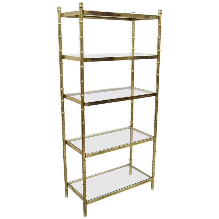 Vintage Hollywood Regency Faux Bamboo Gold Metal Étagère Bookshelf