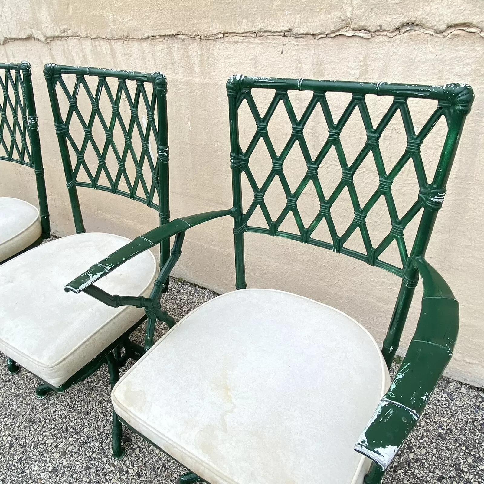 Vintage Hollywood Regency Faux Bamboo Lattice Metal Green Dining Set - 5 Pc Set For Sale 7