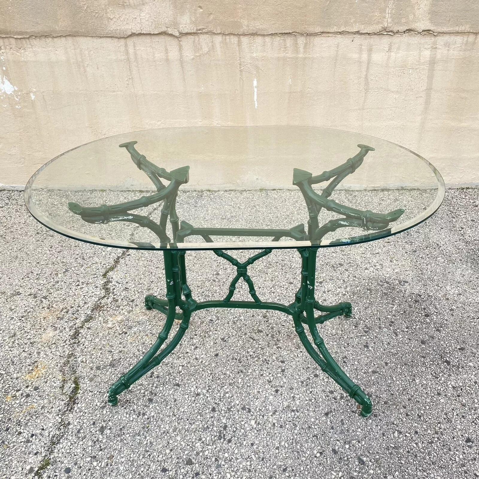 20th Century Vintage Hollywood Regency Faux Bamboo Lattice Metal Green Dining Set - 5 Pc Set For Sale