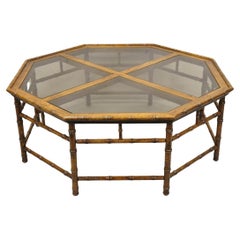 Vintage Hollywood Regency Faux Bamboo Octagonal Wooden Glass Top Coffee Table