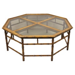 Vintage Hollywood Regency Faux Bamboo Octagonal Wooden Glass Top Coffee Table