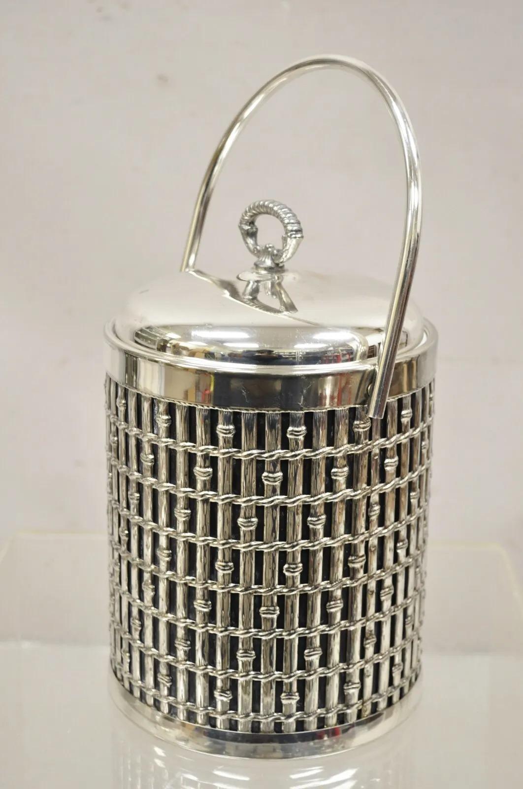 Vintage Hollywood Regency Faux Bamboo Silver Plated Lidded Ice Bucket For Sale 6