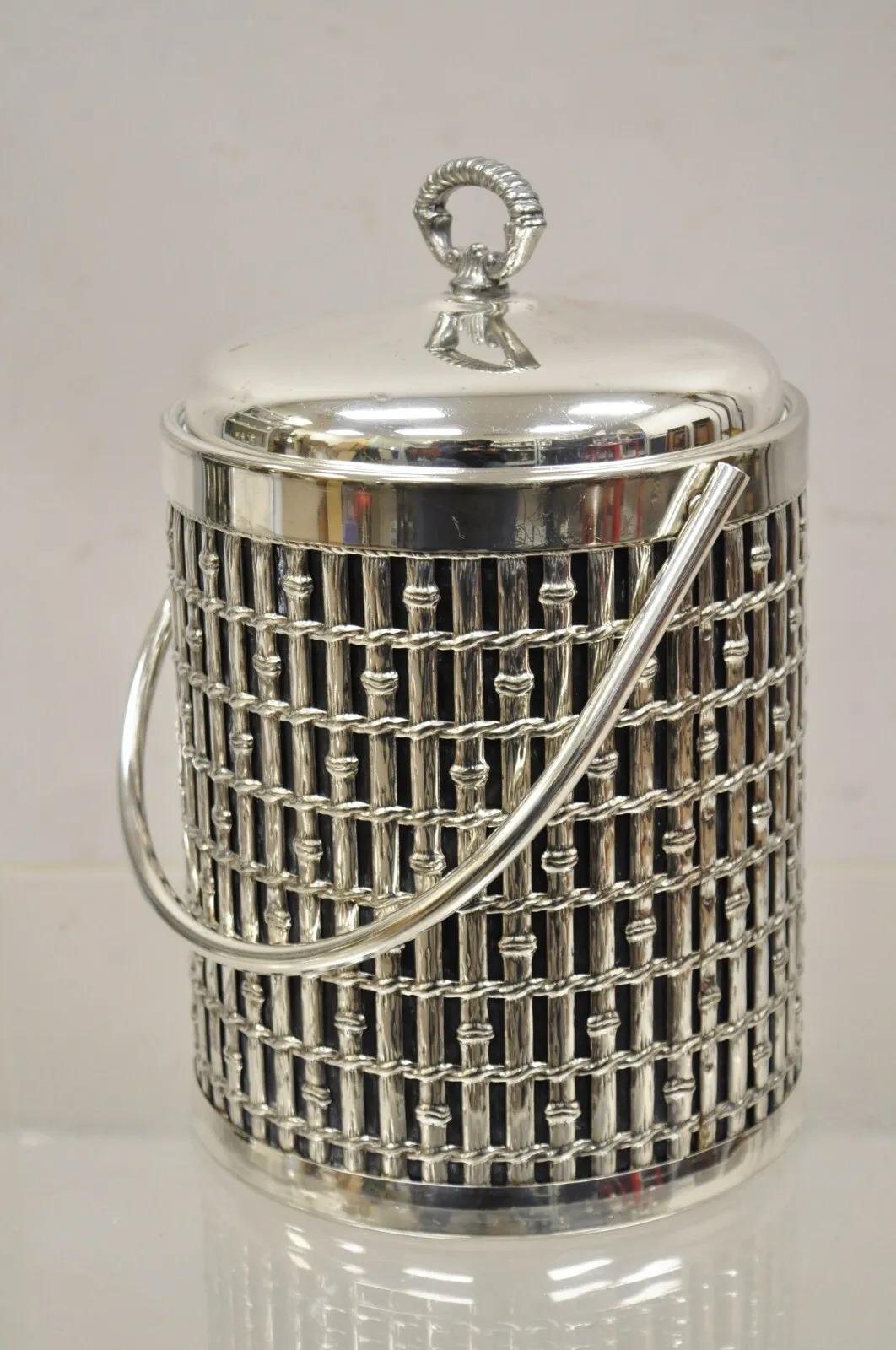 Vintage Hollywood Regency Faux Bamboo Silver Plated Lidded Ice Bucket For Sale 7
