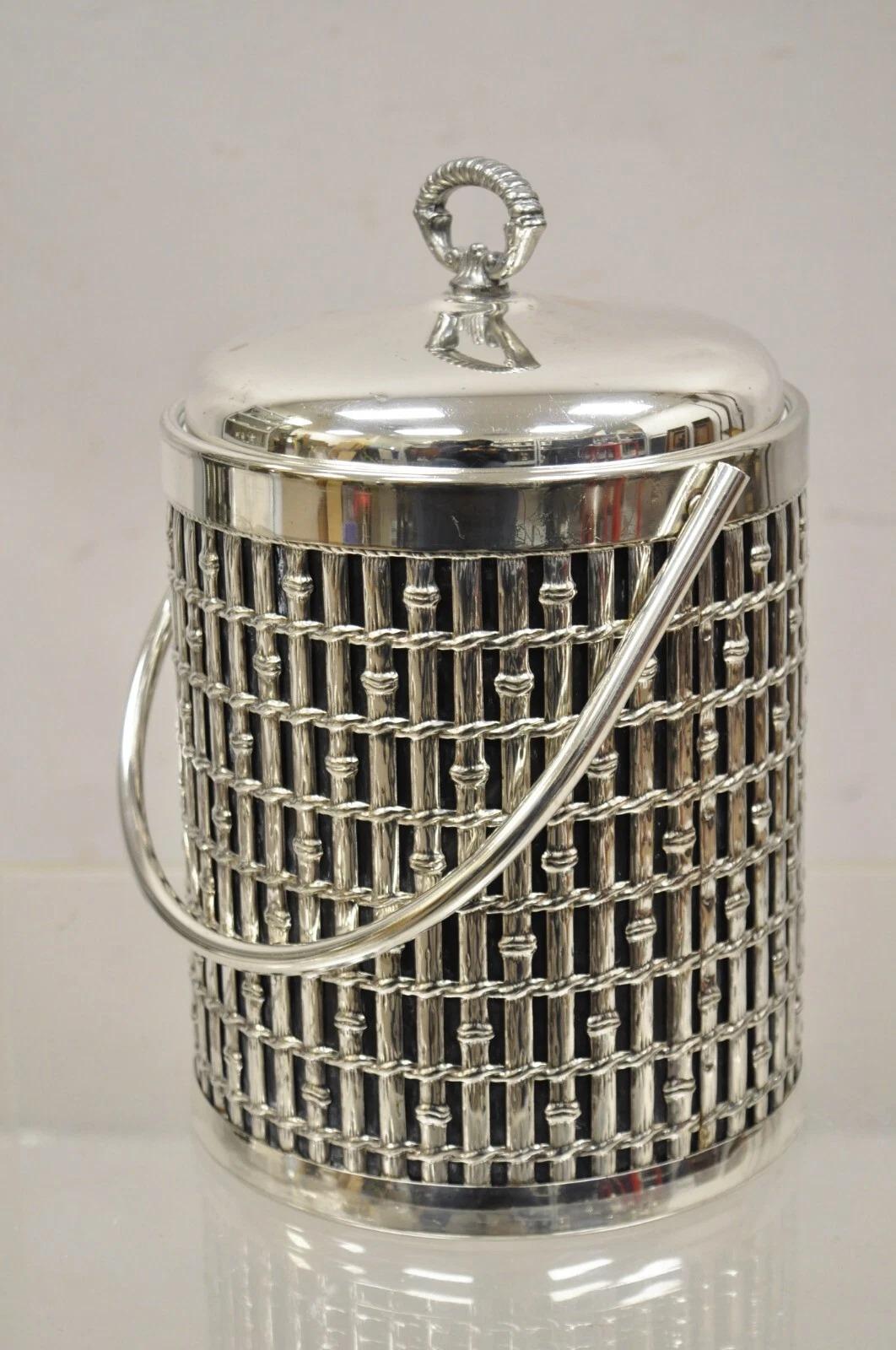 Cubitera con tapa de bambú de imitación de la época Hollywood Regency bañada en plata en venta 4