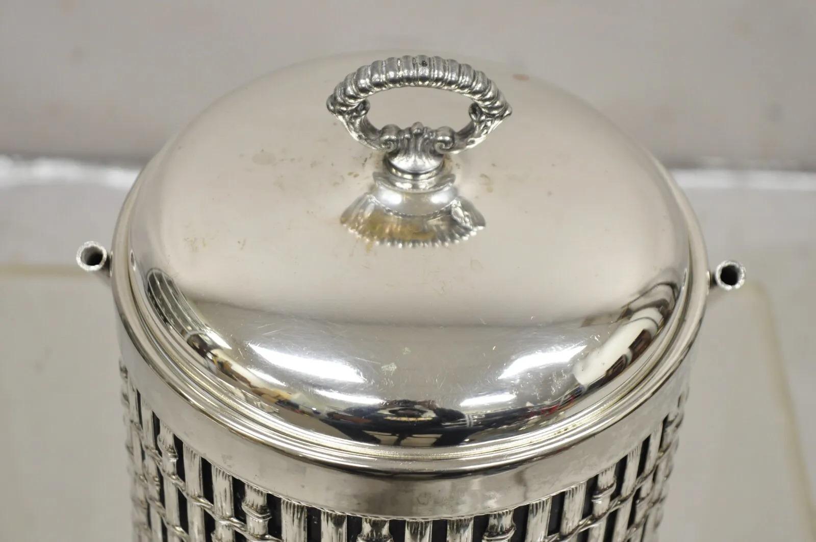 20th Century Vintage Hollywood Regency Faux Bamboo Silver Plated Lidded Ice Bucket For Sale
