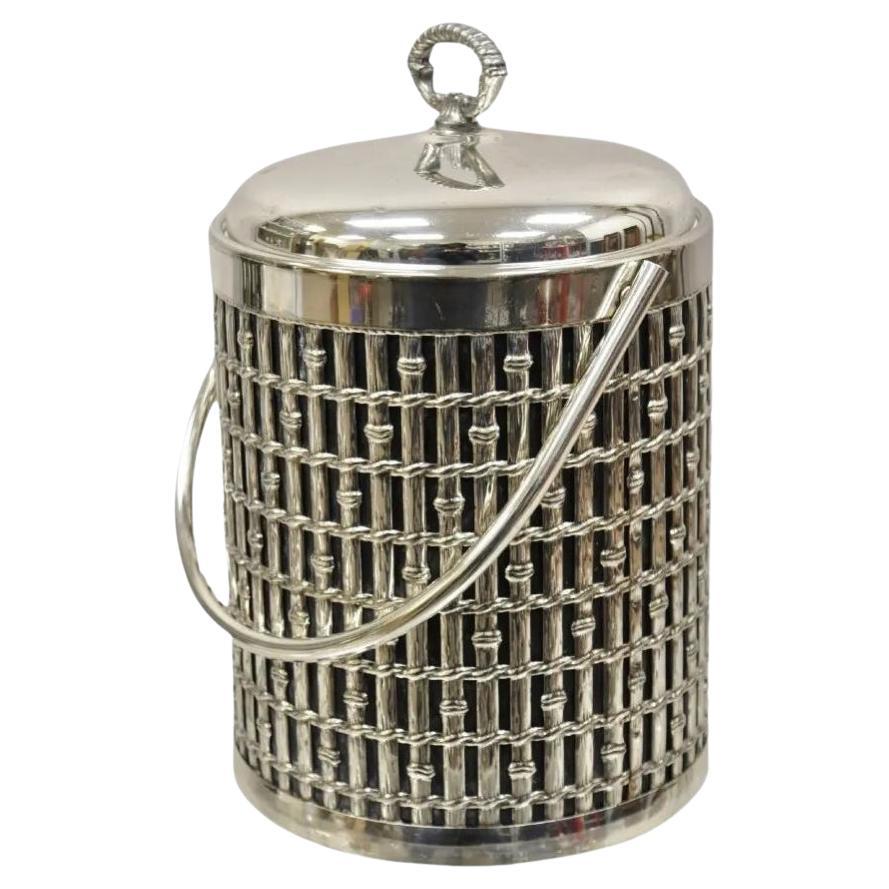 Vintage Hollywood Regency Faux Bamboo Silver Plated Lidded Ice Bucket For Sale