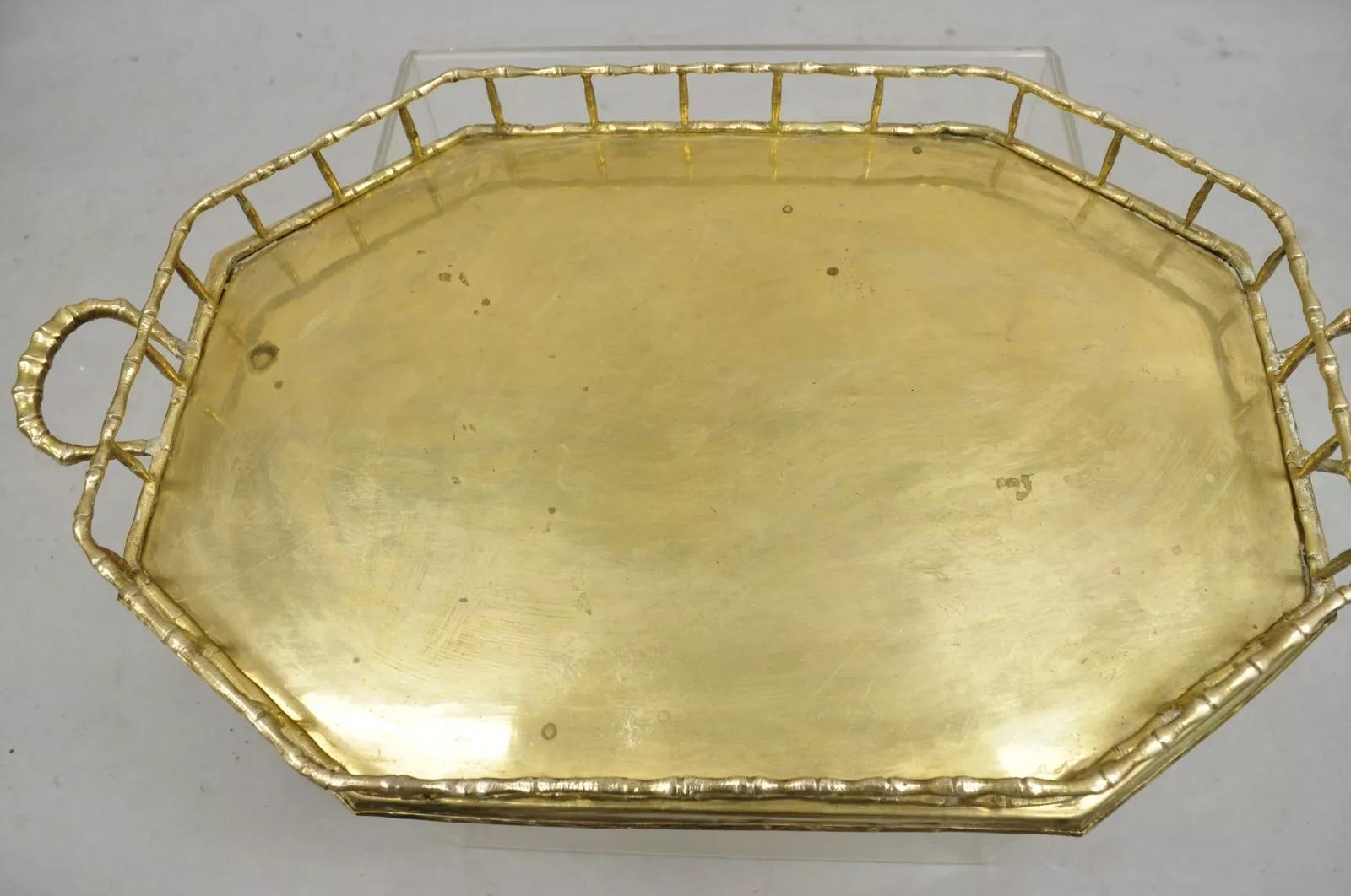 Vintage Hollywood Regency Faux Bamboo Solid Brass Octagonal Serving Platter Tray 6