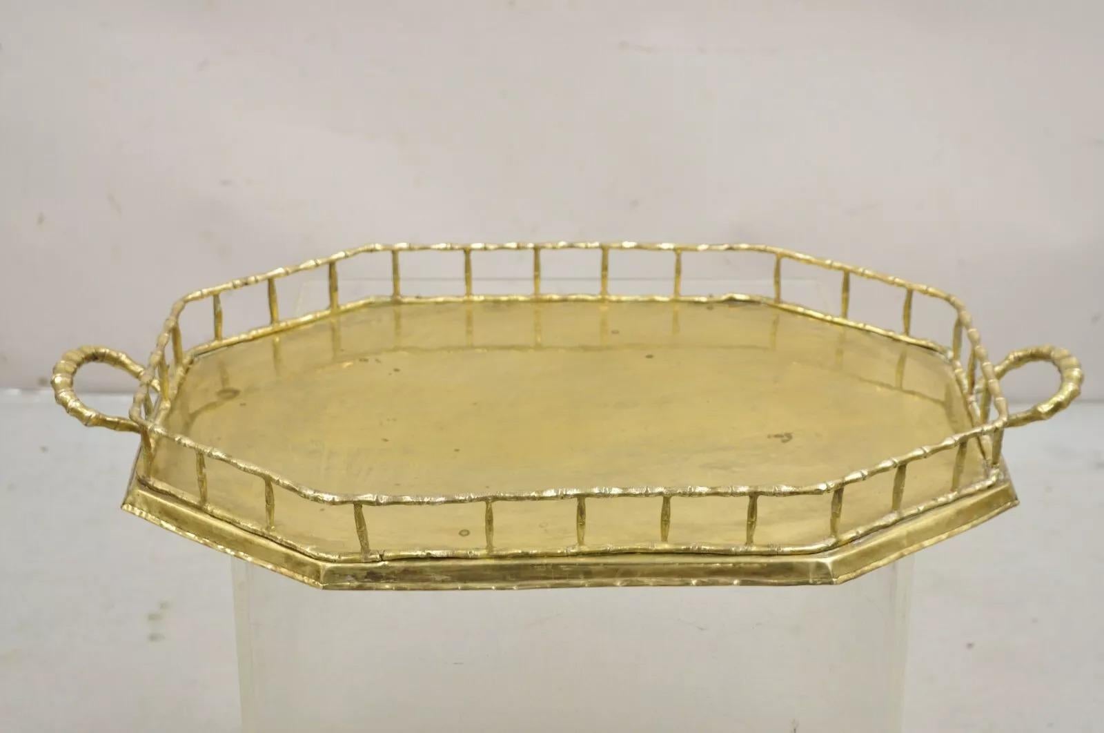 Vintage Hollywood Regency Faux Bamboo Solid Brass Octagonal Serving Platter Tray 7