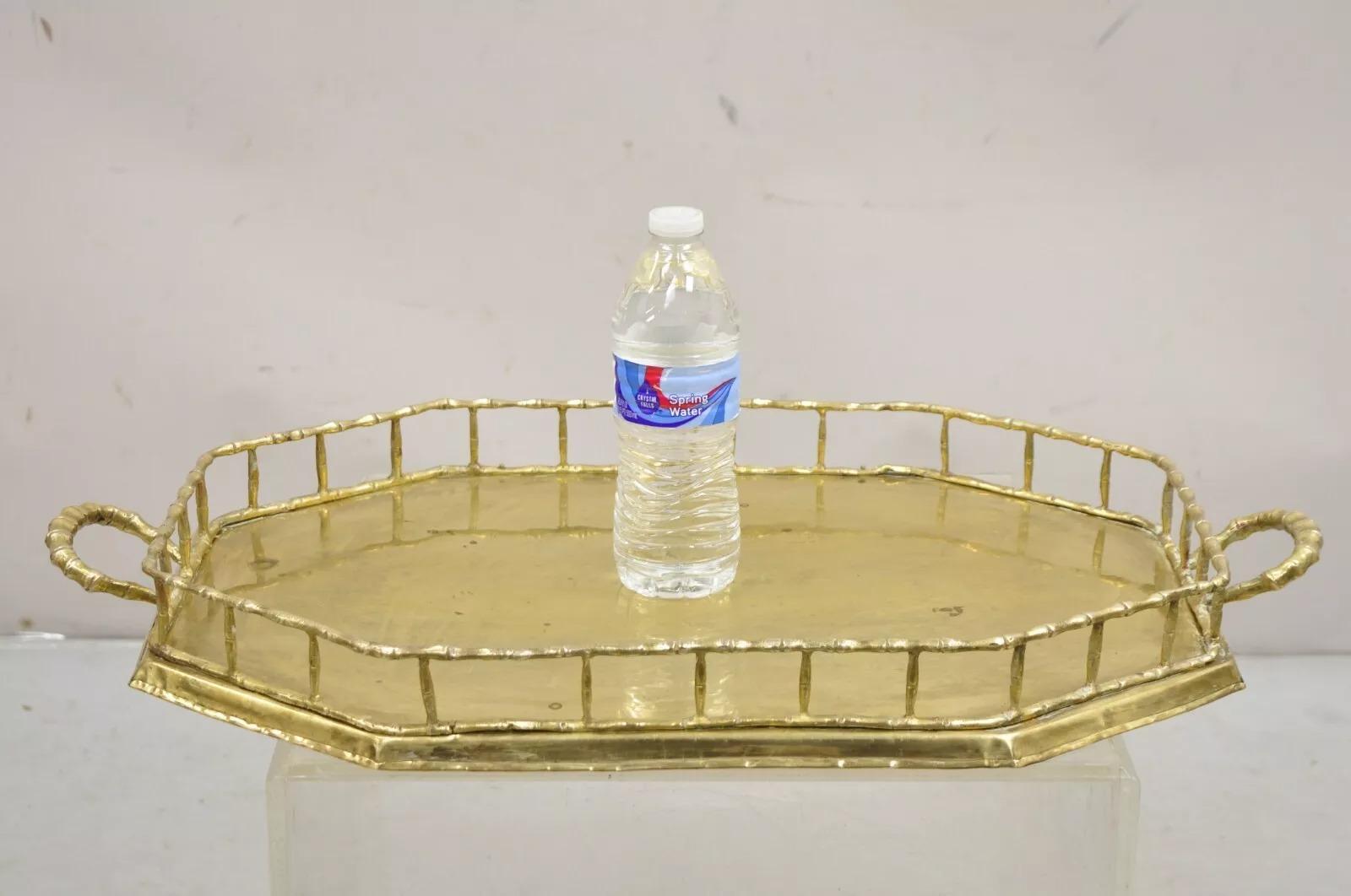 Vintage Hollywood Regency Faux Bamboo Solid Brass Octagonal Serving Platter Tray. Circa Mid 20th Century. Measurements: 2.5