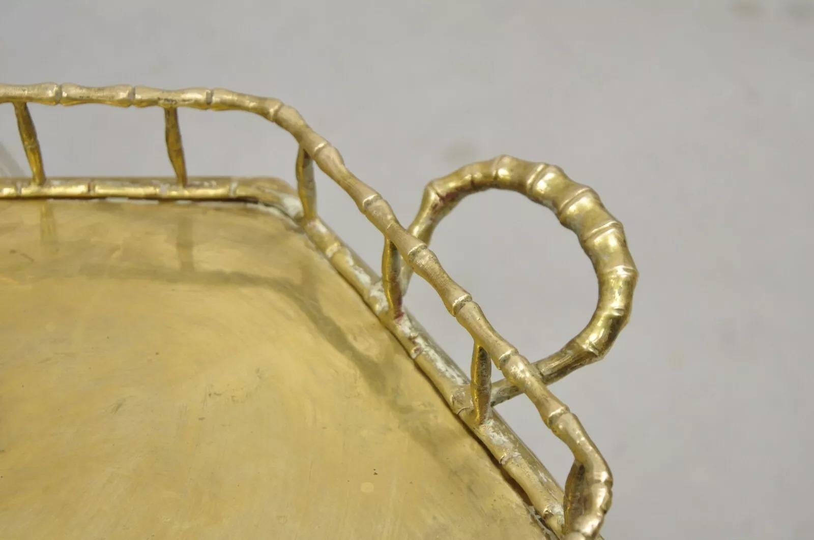 Vintage Hollywood Regency Faux Bamboo Solid Brass Octagonal Serving Platter Tray In Good Condition In Philadelphia, PA