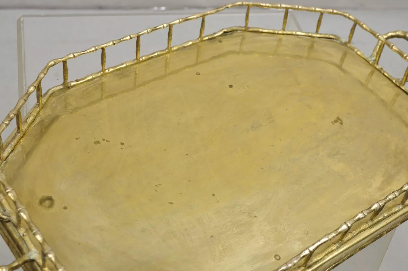 Vintage Hollywood Regency Faux Bamboo Solid Brass Octagonal Serving Platter Tray 1