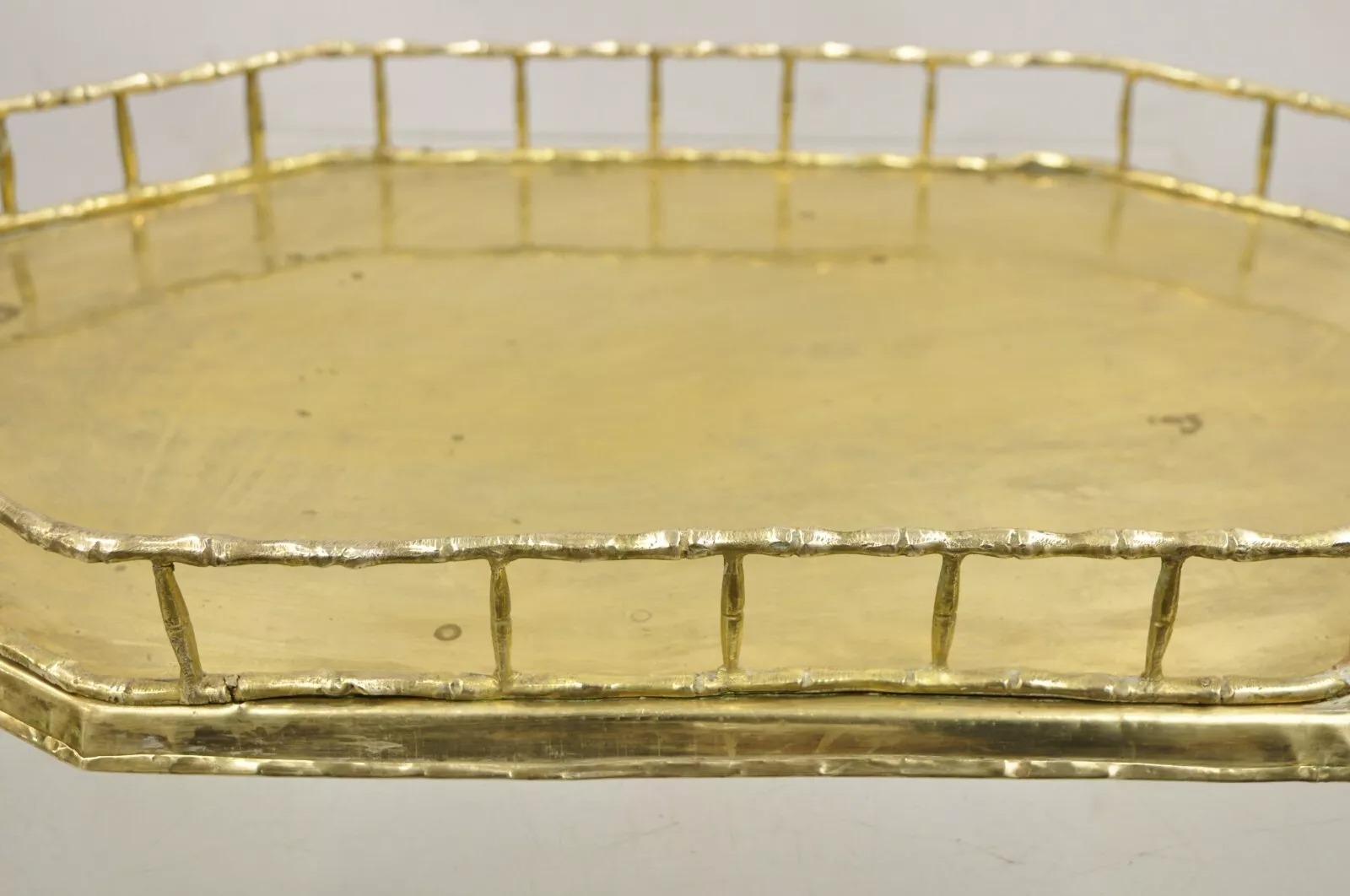 Vintage Hollywood Regency Faux Bamboo Solid Brass Octagonal Serving Platter Tray 2