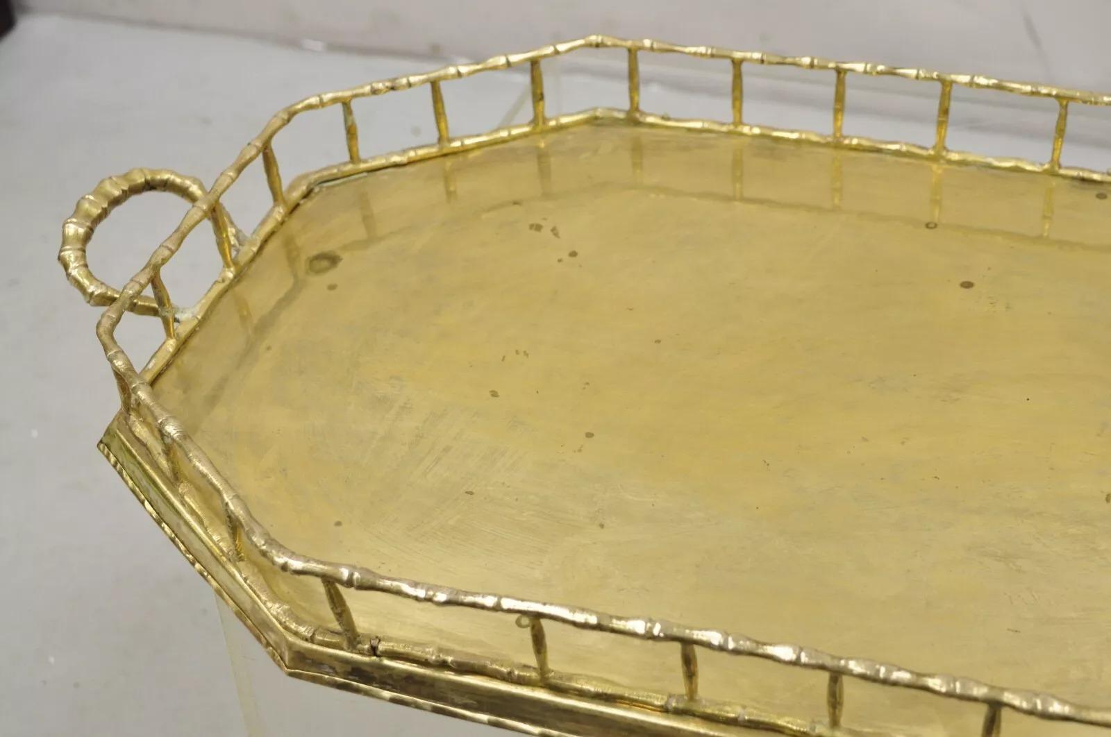 Vintage Hollywood Regency Faux Bamboo Solid Brass Octagonal Serving Platter Tray 3
