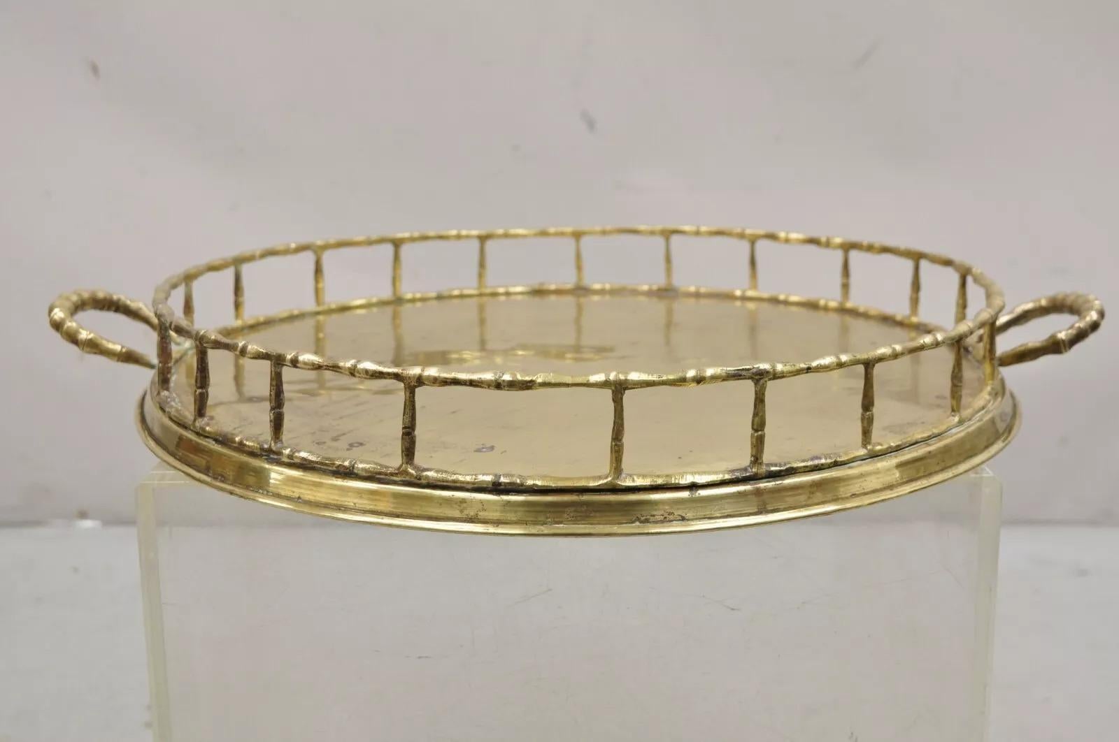 Vintage Hollywood Regency Faux Bamboo Solid Brass Round Serving Platter Tray For Sale 6