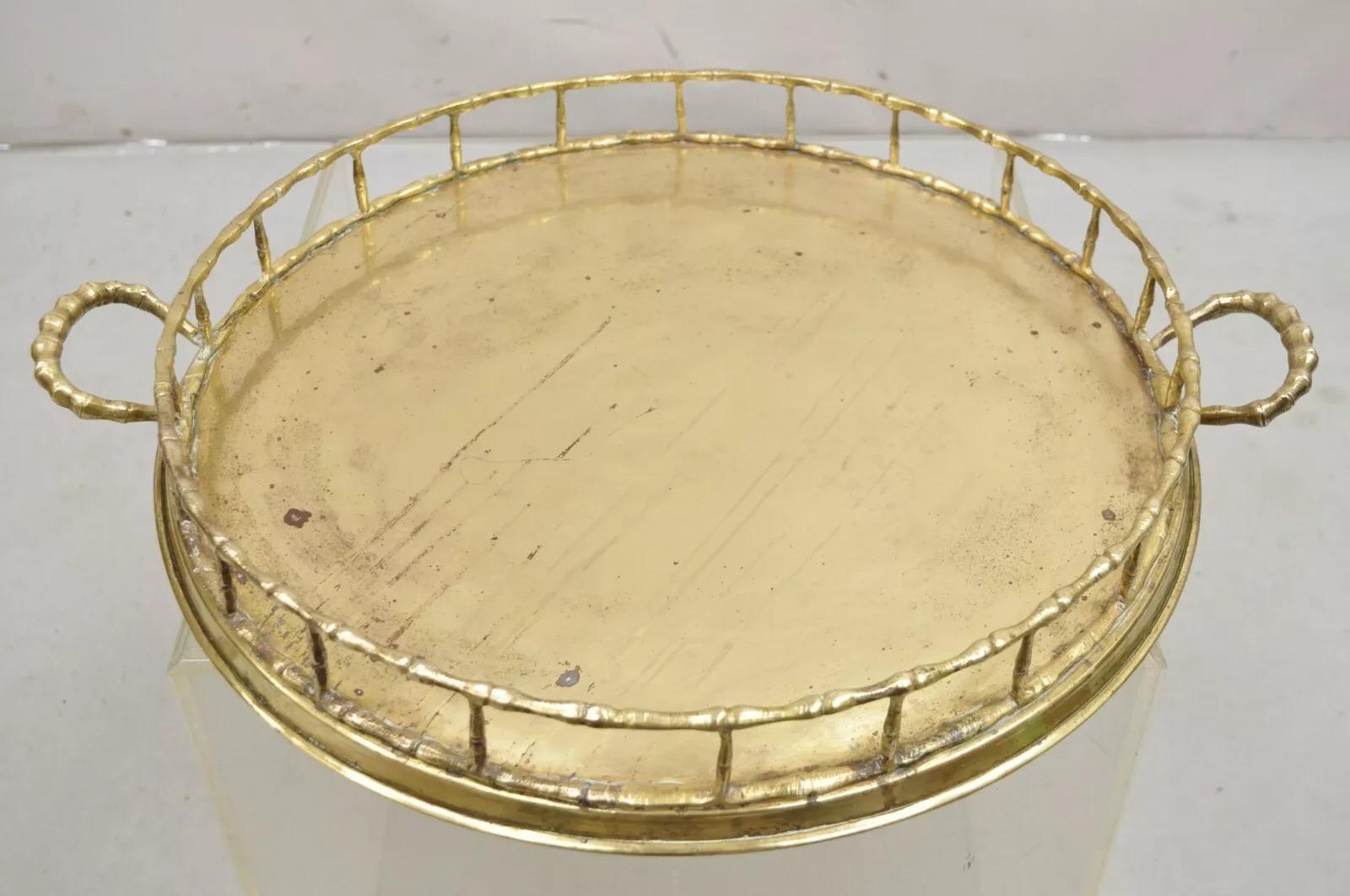 Vintage Hollywood Regency Faux Bamboo Solid Brass Round Serving Platter Tray For Sale 7