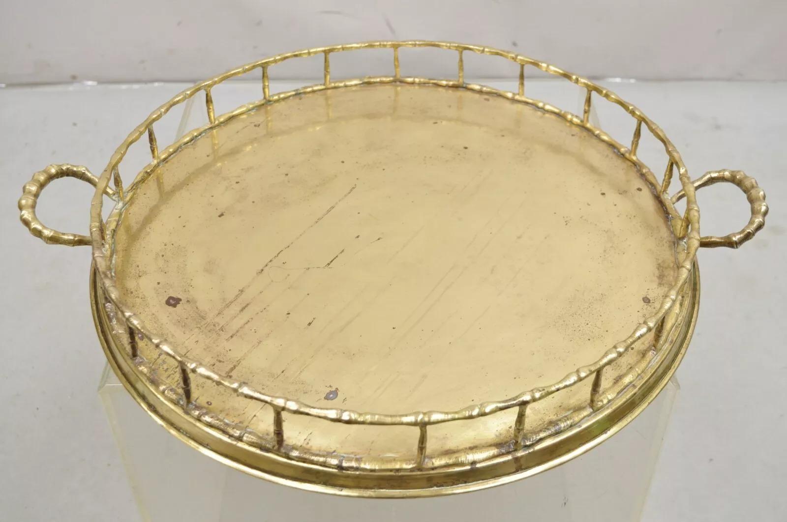 Vintage Hollywood Regency Faux Bamboo Solid Brass Round Serving Platter Tray 7
