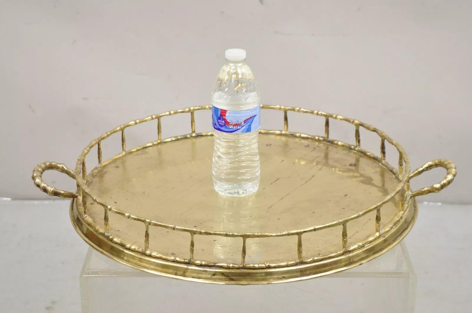Vintage Hollywood Regency Faux Bamboo Solid Brass Round Serving Platter Tray. Circa Mid 20th Century. Measurements: 3