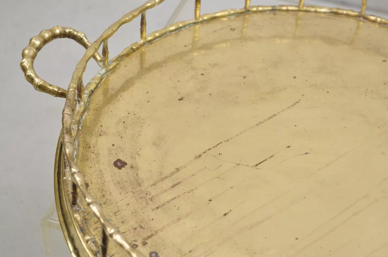 20th Century Vintage Hollywood Regency Faux Bamboo Solid Brass Round Serving Platter Tray