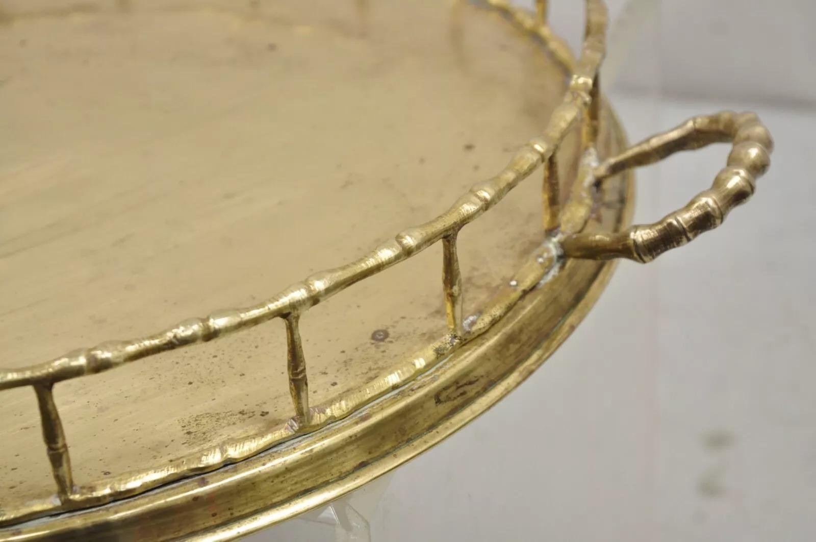Vintage Hollywood Regency Faux Bamboo Solid Brass Round Serving Platter Tray For Sale 1