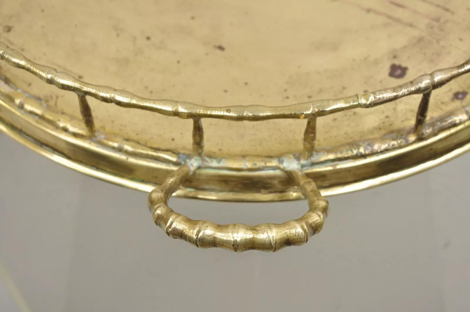 Vintage Hollywood Regency Faux Bamboo Solid Brass Round Serving Platter Tray 2